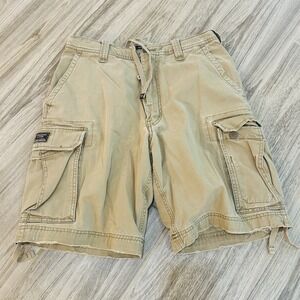 VTG Abercrombie & Fitch Cargo Shorts Mens 32 Tan Khaki Y2K Button Fly DISTRESSED